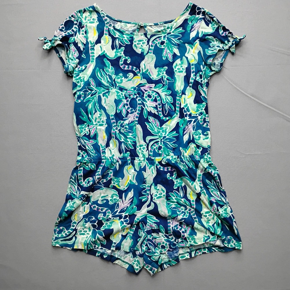 Lilly Pulitzer Girls XL 12-14 Romper Tidal Wave Blue Green Lemur
